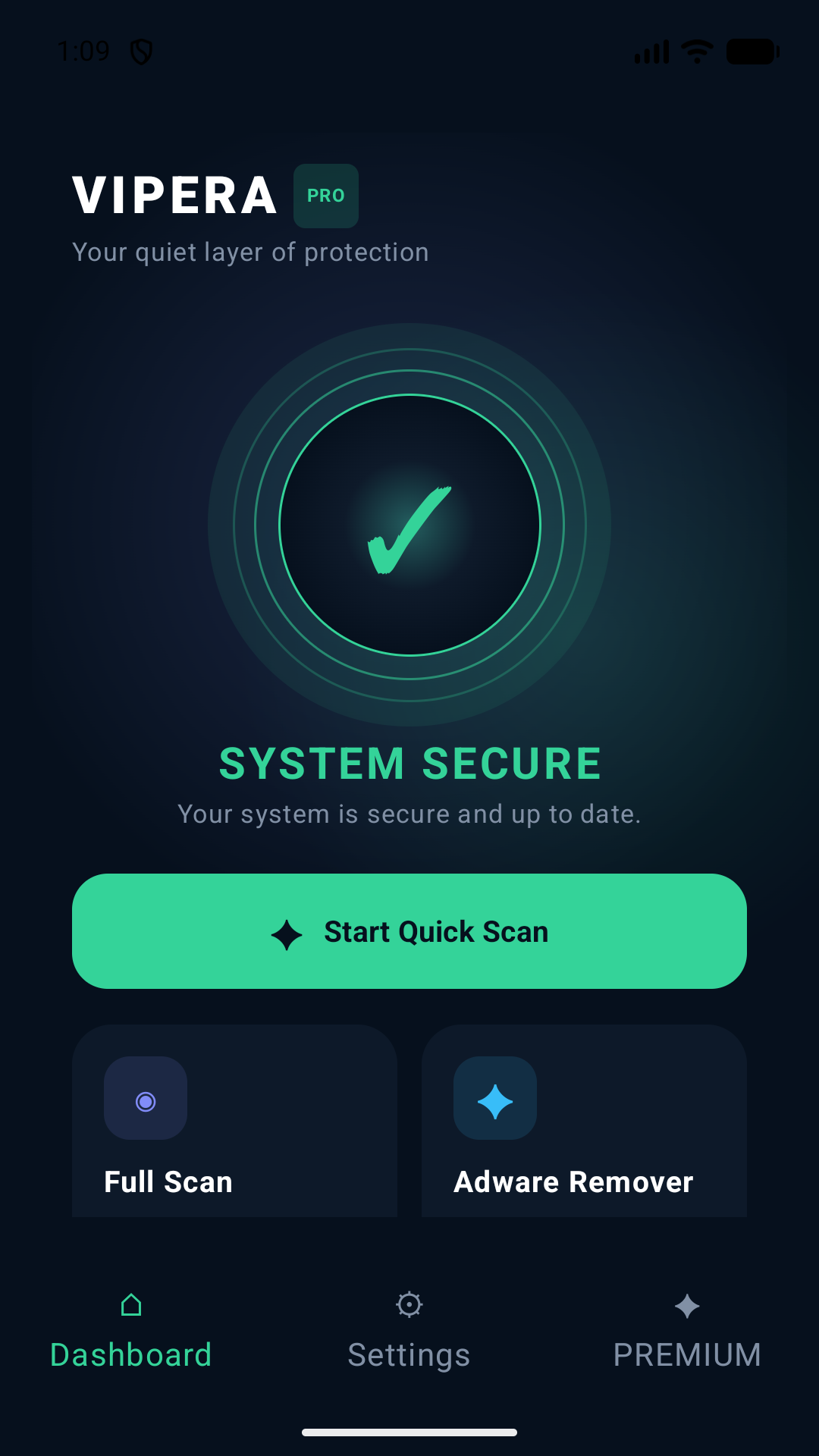 Vipera dashboard showing a secure system status