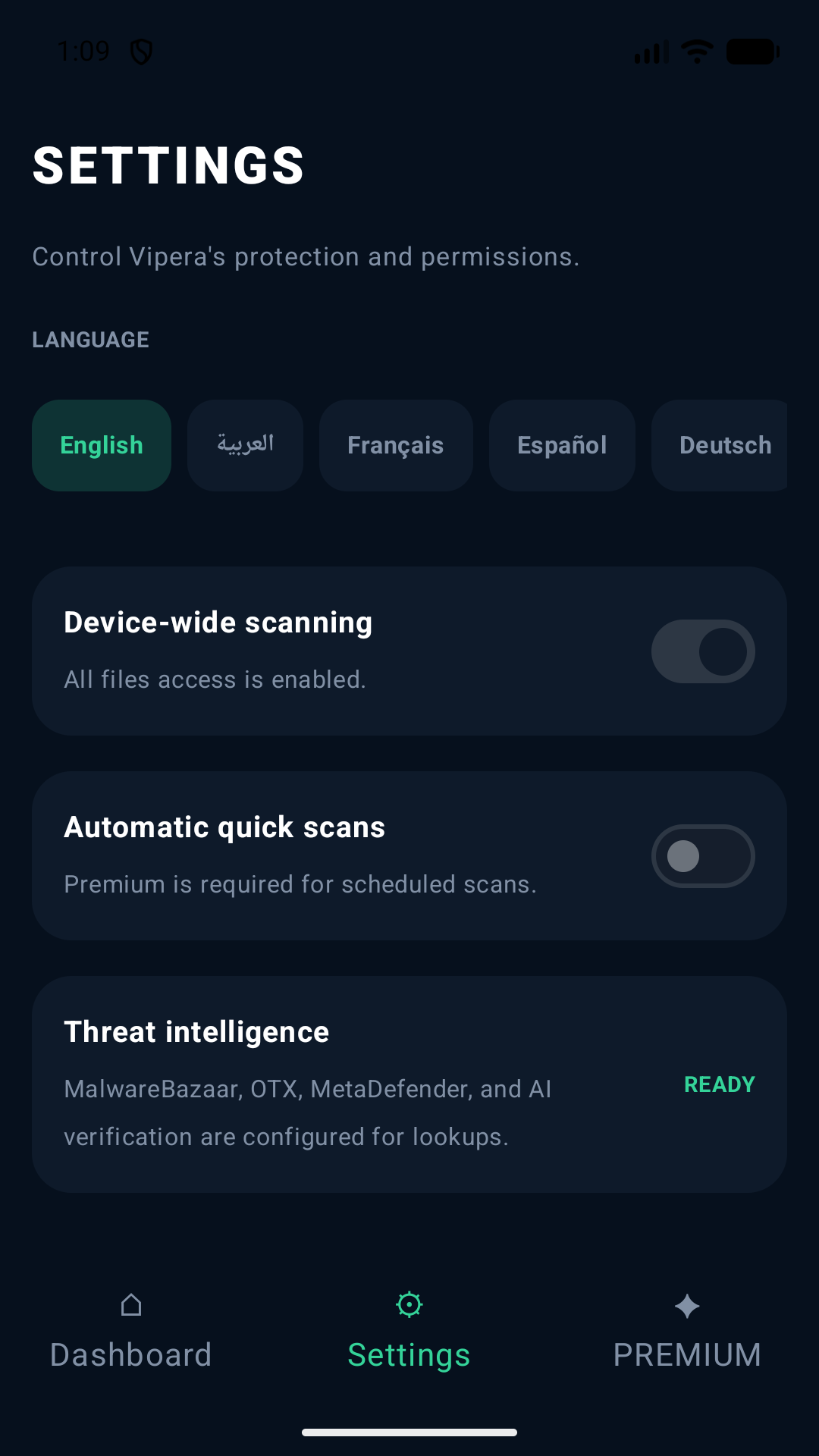 Vipera settings screen